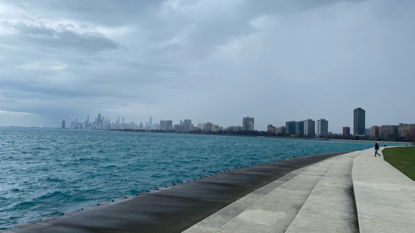 The calm before the storm: the Chicago skyline is seen before strong weather takes hold on April 13, 2022.