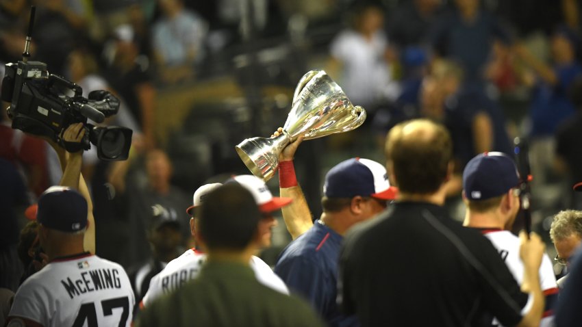 26 July 2016: The White Sox celebrate with the “Crosstown Cup” after a game between the Chicago Cubs and the Chicago White Sox at US Cellular Field in Chicago, IL. (Photo by Patrick Gorski/Icon Sportswire via Getty Images)