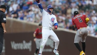 CHICAGO, ILLINOIS – APRIL 18: Pete Crow-Armstrong #4 of the Chicago Cubs celebrates hitting a double during the second inning against the Arizona Diamondbacks at Wrigley Field on April 18, 2025 in Chicago, Illinois. (Photo by Geoff Stellfox/Getty Images)