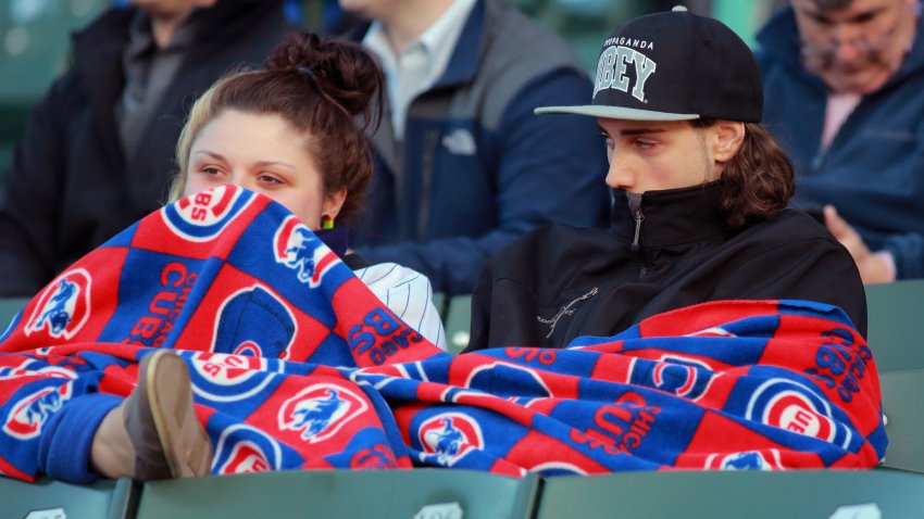22 April 2014: Cubs fans brave the cold Chicago weather as the Arizona Diamondbacks take on the Chicago Cubs at Wrigley Field in Chicago, IL. (Photo by Joel Jones/Icon SMI/Corbis/Icon Sportswire via Getty Images)