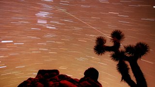 FILE – A meteor streaks through the sky over Joshua trees and rocks at Joshua Tree National Park in Southern California’s Mojave Desert in this 30-minute time exposure ending at 1:15 a.m. PST, Nov. 17, 1998.