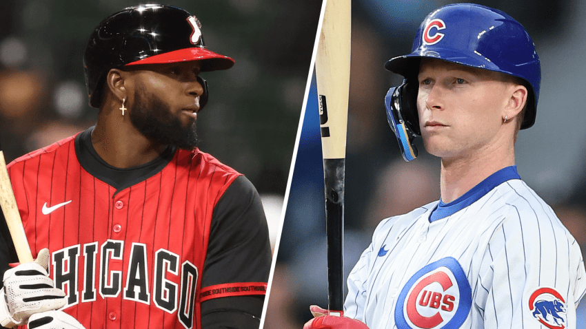A split photo shows Luis Robert Jr., wearing the White Sox red and black alternate uniform, on the left and Cubs outfielder Pete Crow-Armstrong, wearing the team's white and blue pinstriped jersey, on the right.
