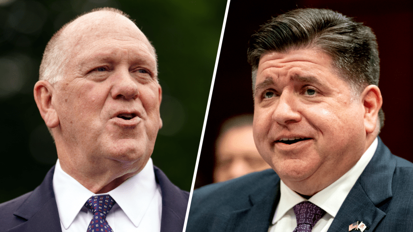 “Border Czar” Tom Homan, left, and Illinois Gov. J.B. Pritzker are shown in a split image.